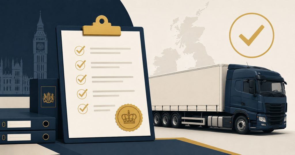 How to apply for a UK Goods Vehicle Operator's Licence — illustration showing an application checklist with official seal, ring binders, UK map, and an articulated HGV