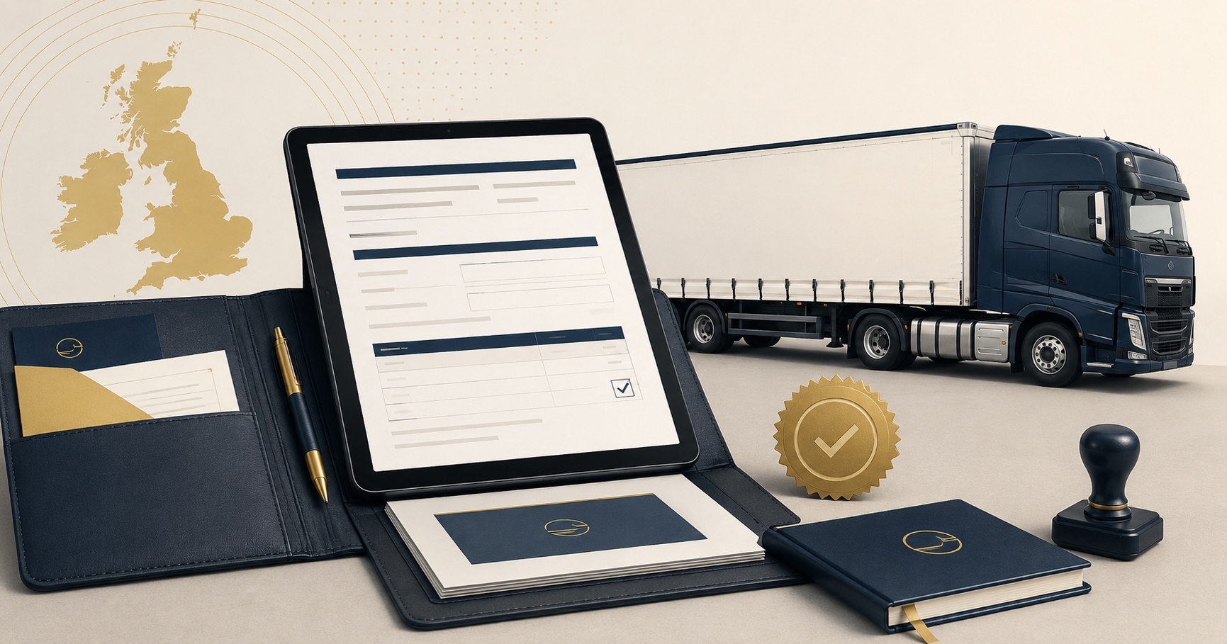 Operator's Licence application support from CPC Express — tablet showing a UK Goods Vehicle O-Licence application form, document portfolio, approval seal, and articulated HGV