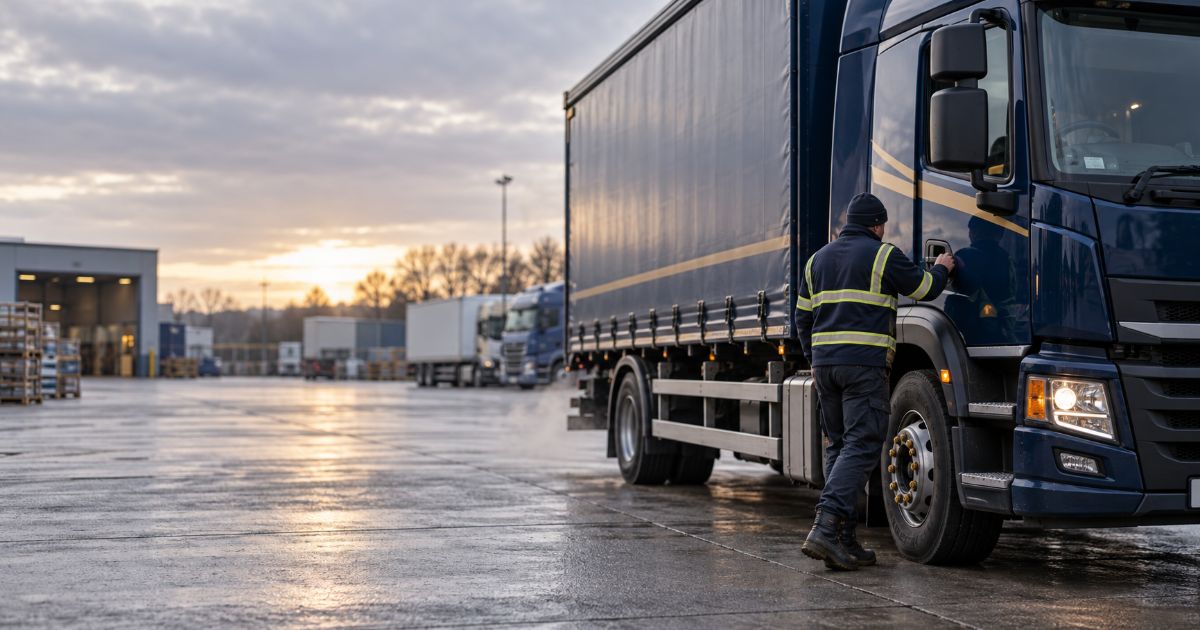 HGV driver opening the cab of a lorry in a UK haulage yard at dawn, ready to start work under an interim operator licence