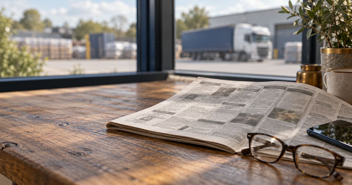 Local newspaper open at the public notices page beside a window overlooking a goods vehicle yard